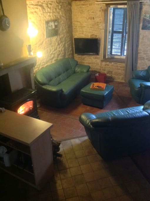 le salon autour d'un bon feu à bois