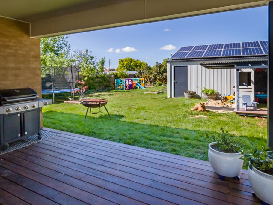 Large enclosed backyard with cubby, trampoline, climbing frame, veggie garden and chooks to collect fresh eggs