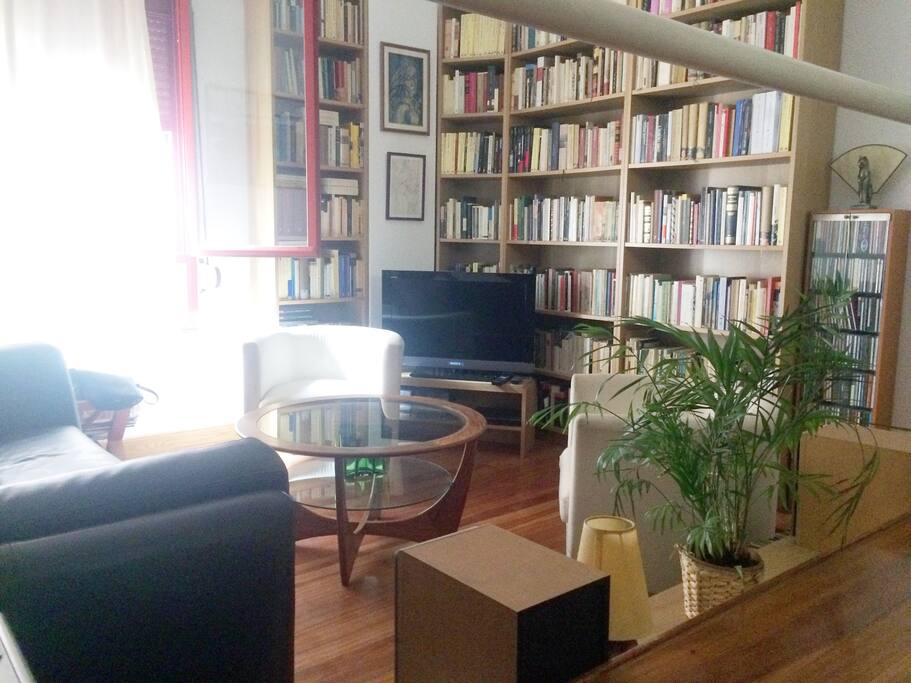 Salón con tv, dvd, equipo de música, vinilos