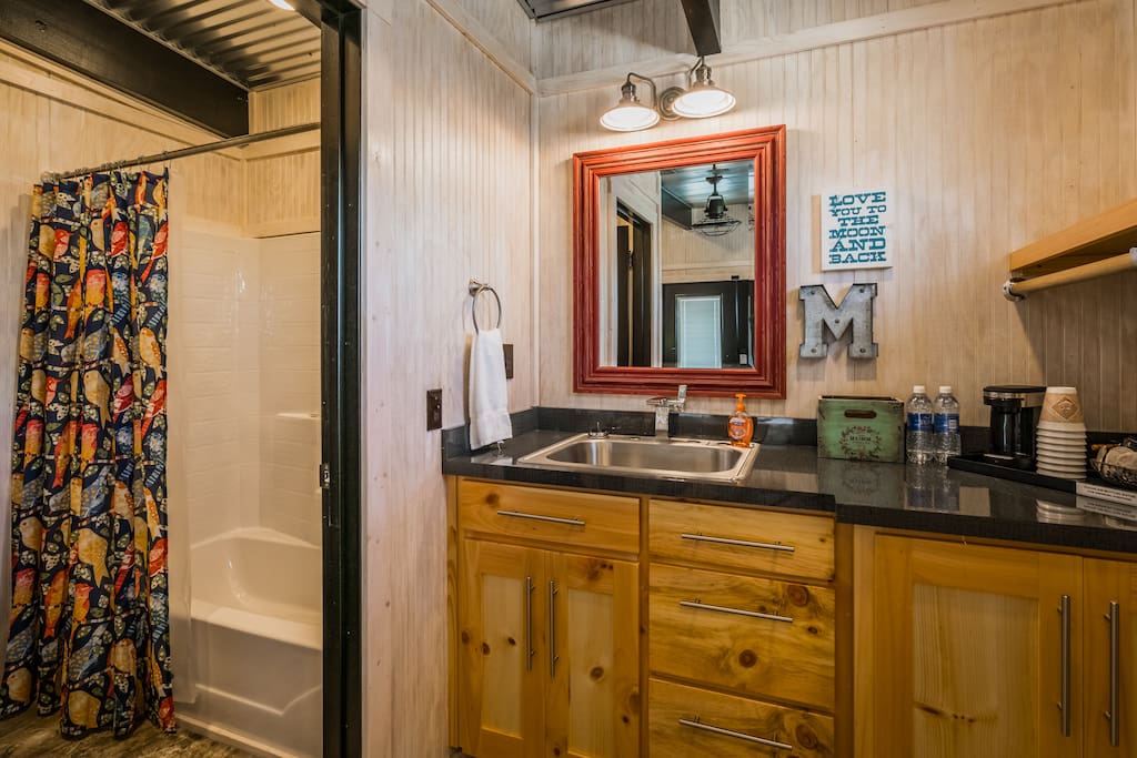 Full bathroom with separate sink and closet area.