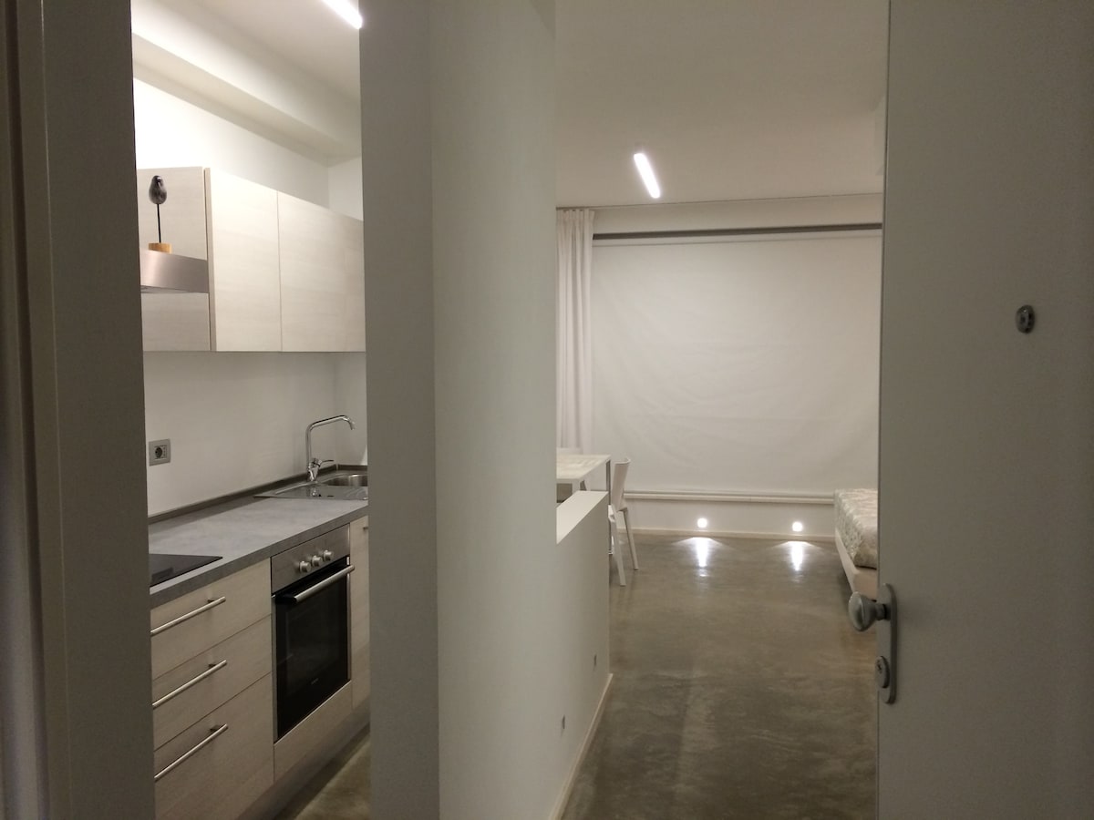 A modern open kitchen is visible, featuring light wood cabinetry and stainless-steel appliances. A dining area with a table and chairs is positioned near a large window, allowing natural light to fill the space. The bedroom area, equipped with a spacious bed, is partially visible.