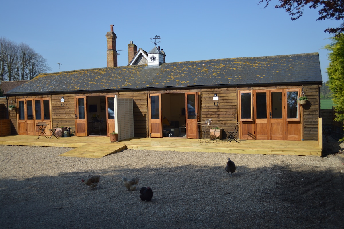 A stable conversion reveals a long, single-story building with multiple oak French doors leading to a decked area. Natural light floods the exterior, while gravel pathways create a rustic charm. Surrounding greenery adds a touch of nature to the tranquil setting.