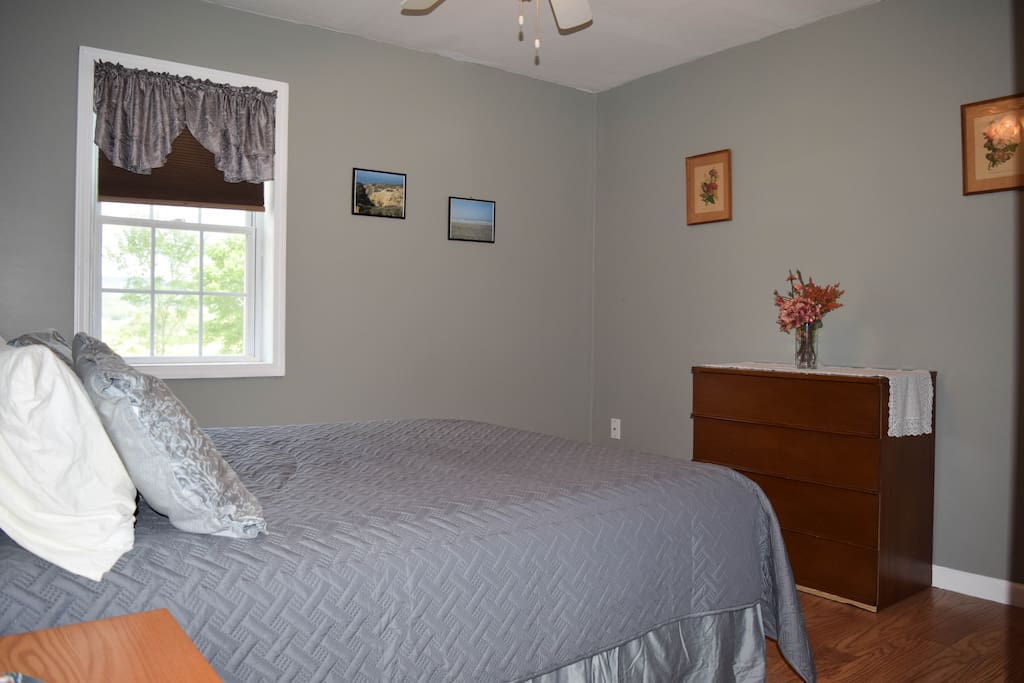 Bedroom with queen size bed, dresser, and closet