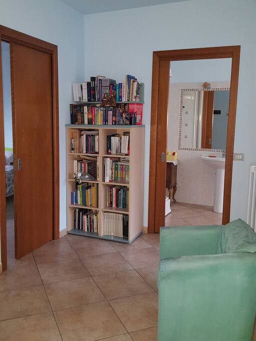 Ingresso con libreria e zona lettura.