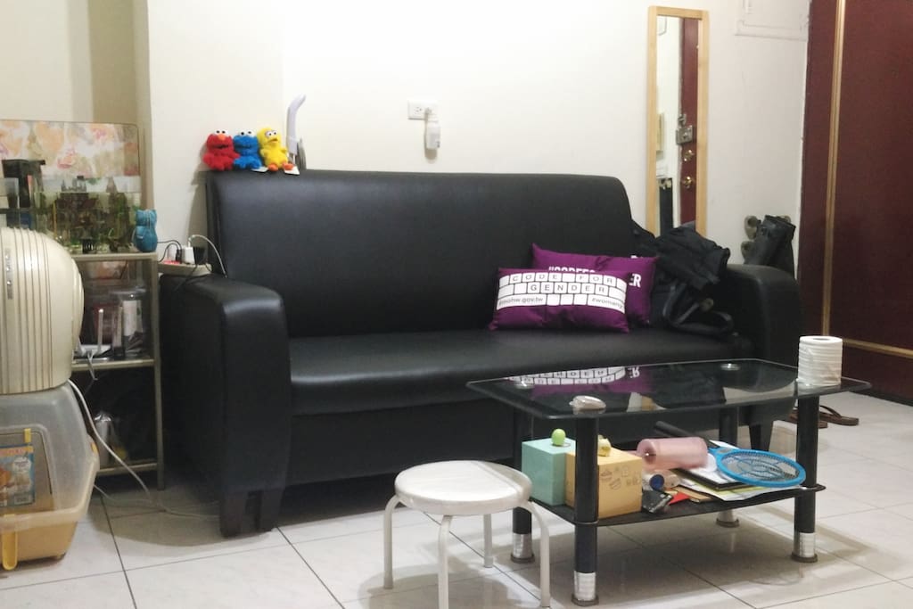 Sofa and table (and fish and HsiaoMi's litter tray) in living room / 客廳沙發、茶几及魚和貓砂盆