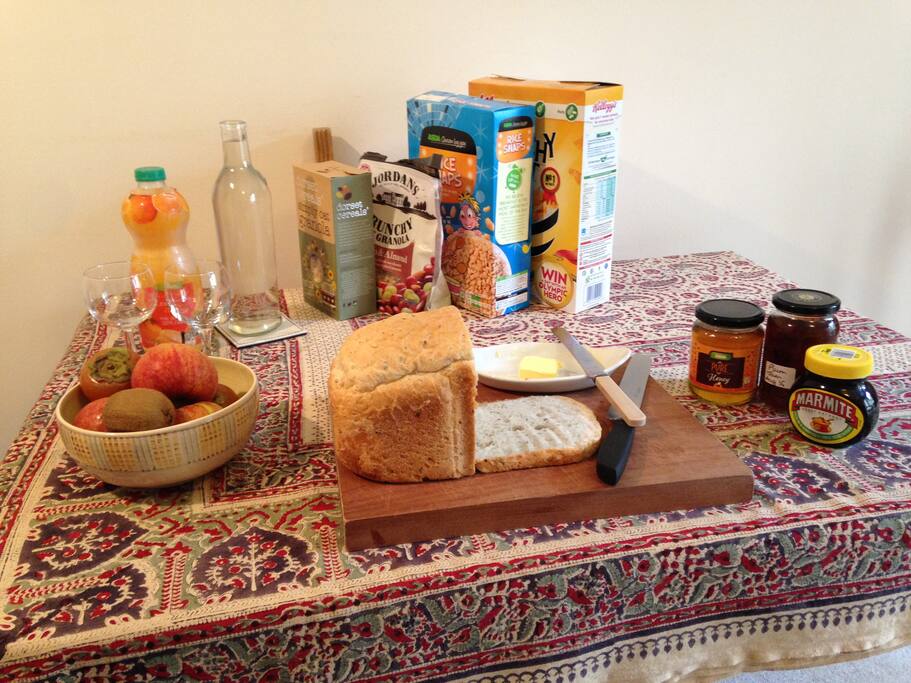 Freshly baked home made bread in addition to cereals.