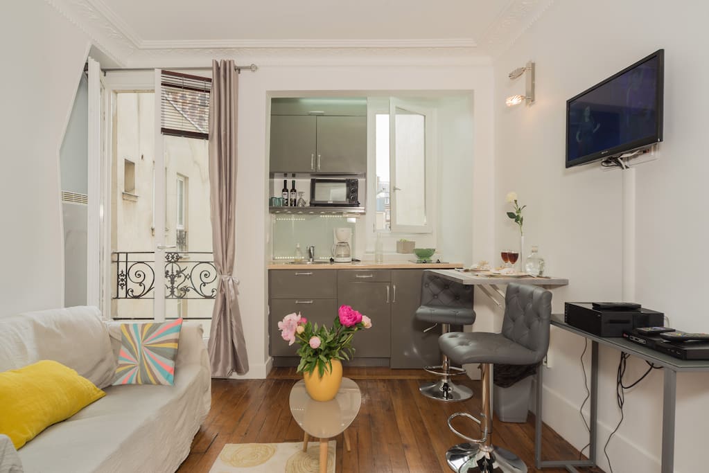 C’est un salon de 12 m² qui a 1 fenêtre double vitrage donnant sur cour . Cette pièce est équipée avec : un canapé lit double, une table basse, la télévision, un lecteur DVD, des étagères, du parquet.