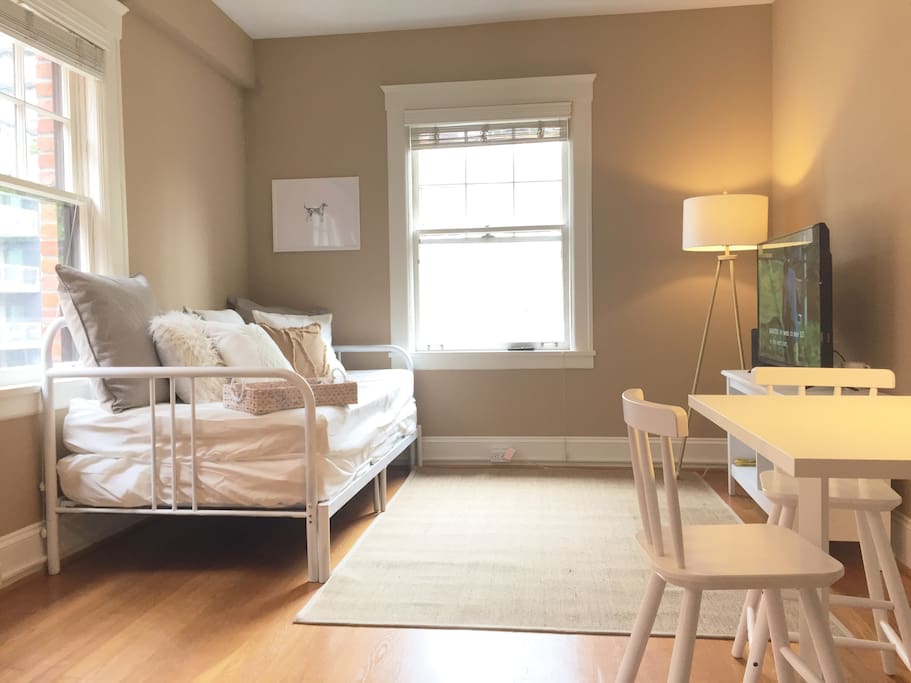 View of second half of studio: Featuring sofa / day bed (expandable to king size with two, stacked twin mattresses) and TV