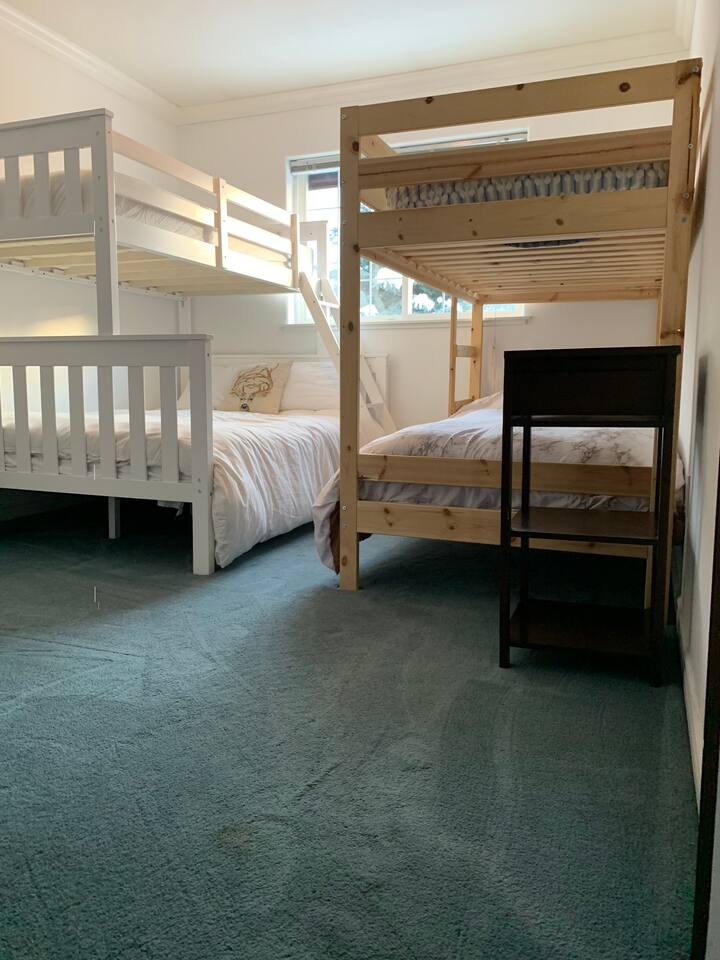 The bunk bed room will accommodate 5 people comfortably.  