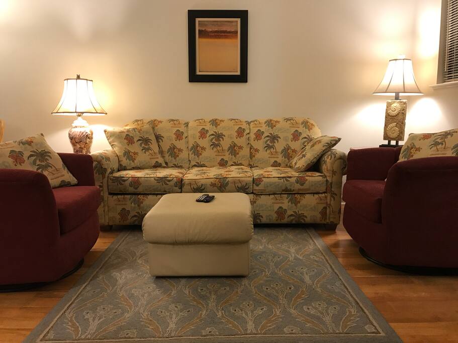 Comfy living area with pullout and swivel rockers and Roku TV.