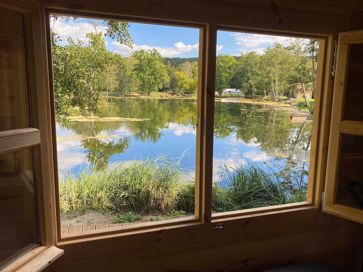 A wooden window frame offers a clear view of a serene pond surrounded by lush green trees. The calm water reflects the sky and foliage, creating a peaceful atmosphere. Grass and foliage are visible in the foreground, emphasizing the natural setting.
