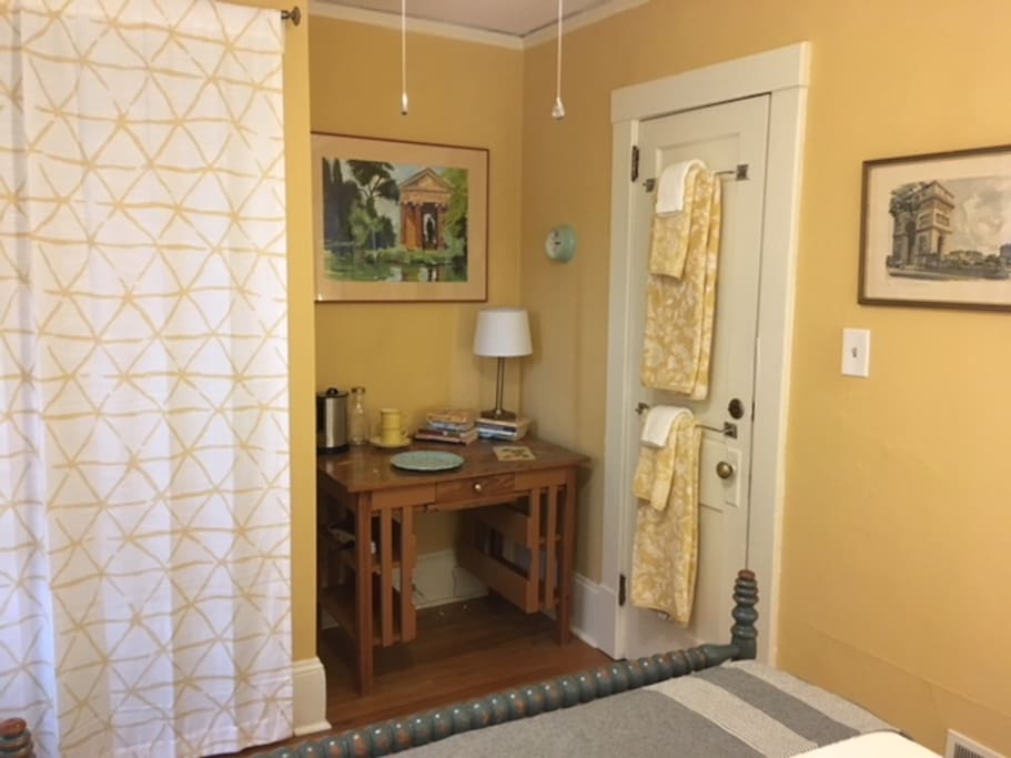 #1 also has a nook with a desk, an electric teapot for hot beverages, and a closet for storing luggage.