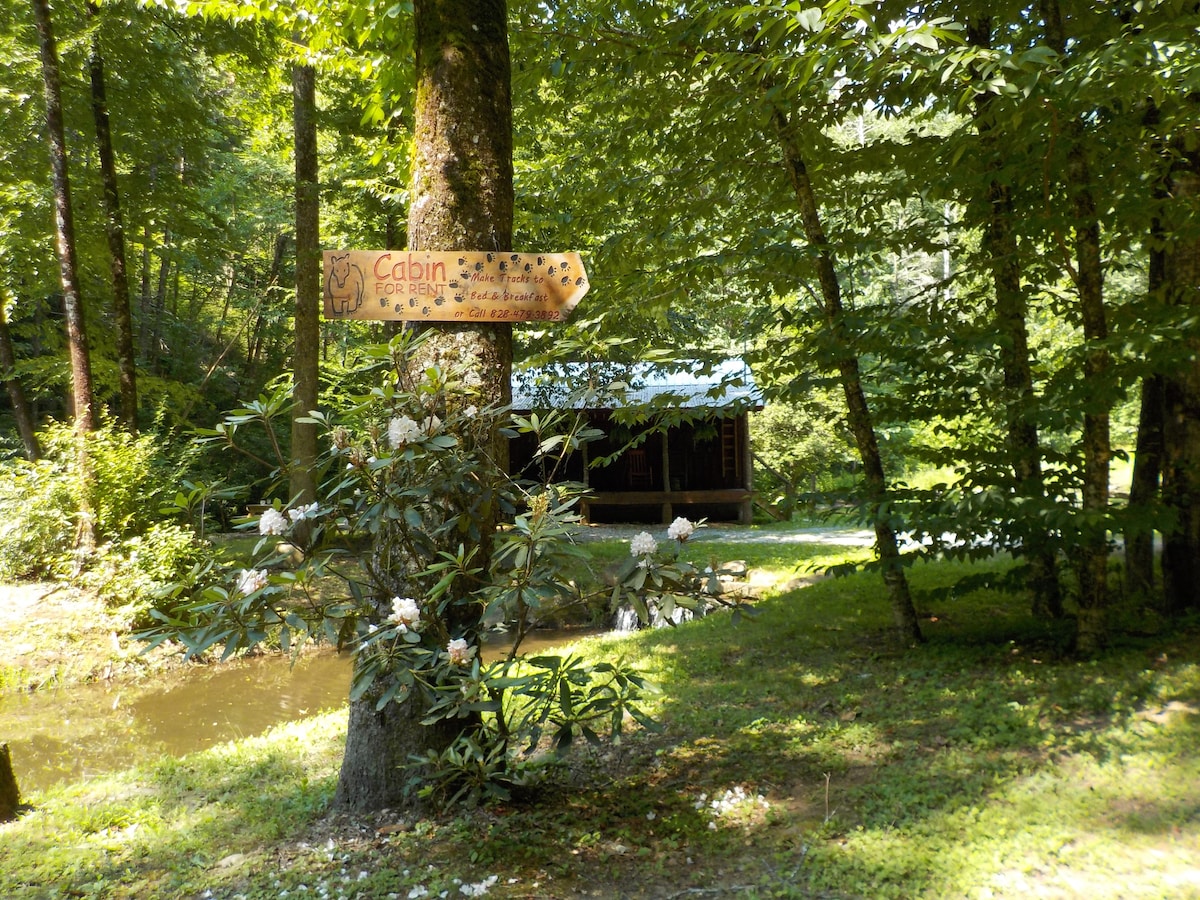 A wooden sign points toward the cabin entrance, surrounded by lush greenery and wildflowers. The rustic cabin is partially obscured by trees, revealing a simple yet charming structure set among a peaceful forest backdrop. A gentle stream runs alongside the cabin, enhancing the natural setting.