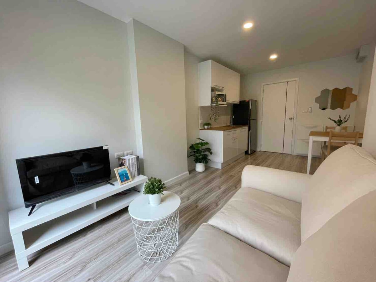 A modern living space features a light-colored sofa and a small round table beside a flat-screen television on a white media console. A kitchenette with cabinetry and a refrigerator is present. Natural light from the window brightens the area, complemented by a plant on the side table.