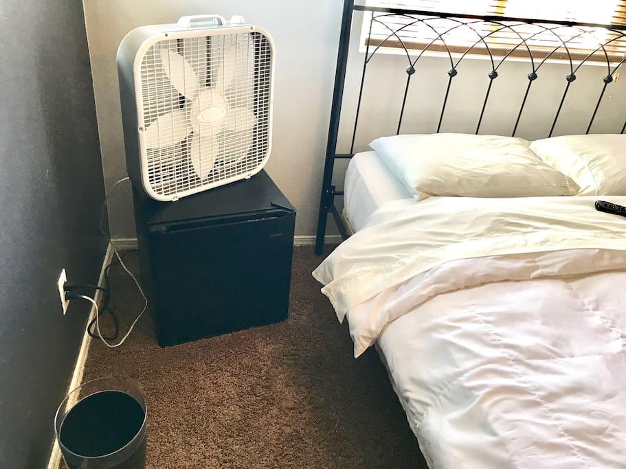 Fan and mini fridge