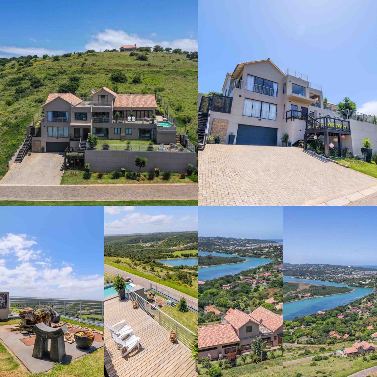 A multi-level house is shown, surrounded by green hills and accessed by a paved driveway. The spacious outdoor deck offers views of water and trees. In the distance, the Kowie River is visible, with the Indian Ocean beyond, creating a serene landscape.