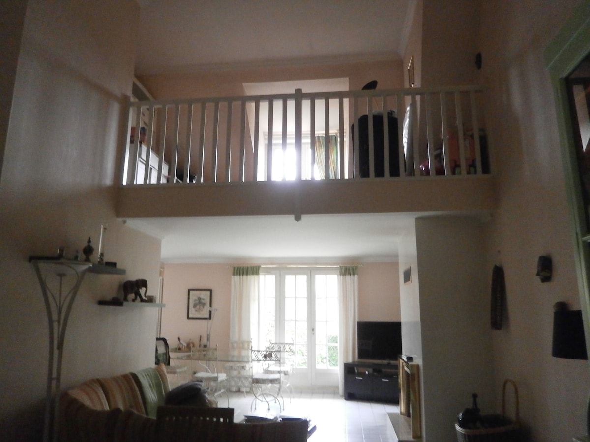 An open living space features a mezzanine overlooking the area. Natural light filters through large windows, creating a bright atmosphere. Below, a comfortable sofa is positioned next to a glass dining table, with a TV visible in the corner of the room.