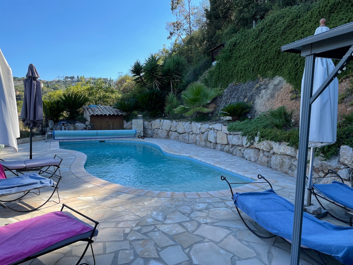 A serene outdoor space features a salt-water pool bordered by natural stone. Sun loungers in pink and blue are positioned around the pool, offering a relaxing spot. A canopy provides shade, enhancing the tranquil environment surrounded by greenery.