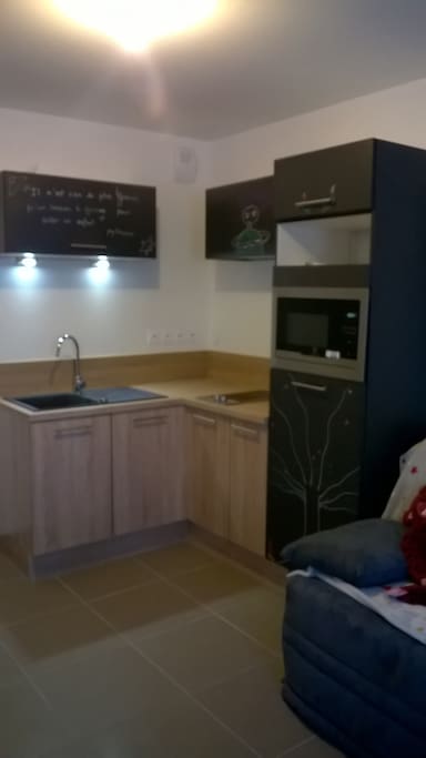 Un coin cuisine avec four micro-onde grill, plaque induction, frigo et évier.