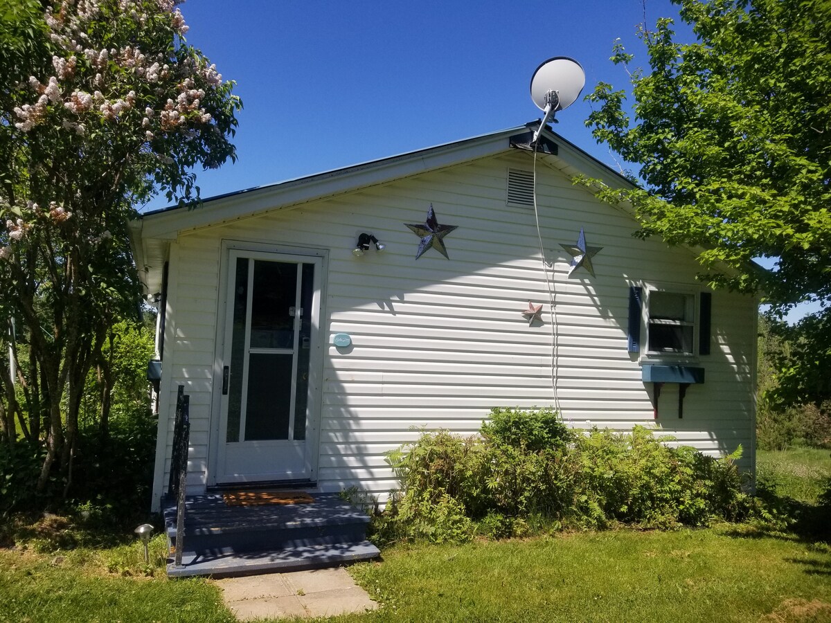 The exterior of a renovated duplex cottage is displayed, featuring a light-colored facade with decorative elements, including stars. A porch with steps leads to a glass door, and surrounding greenery includes shrubs and trees under a clear blue sky.
