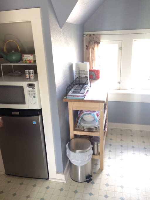 Mini-kitchen with fridge and microwave.