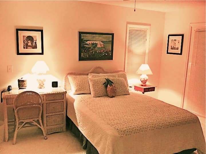 חדר שינה תחתון עם מיטת קווין סייז, חדר רחצה פרטי וחורש אחורי