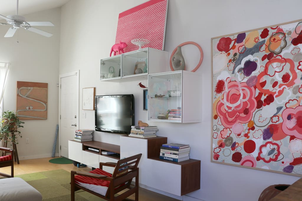 Living Room full of orginal art and a tv!