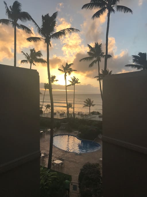 View of the pool area from the elevator