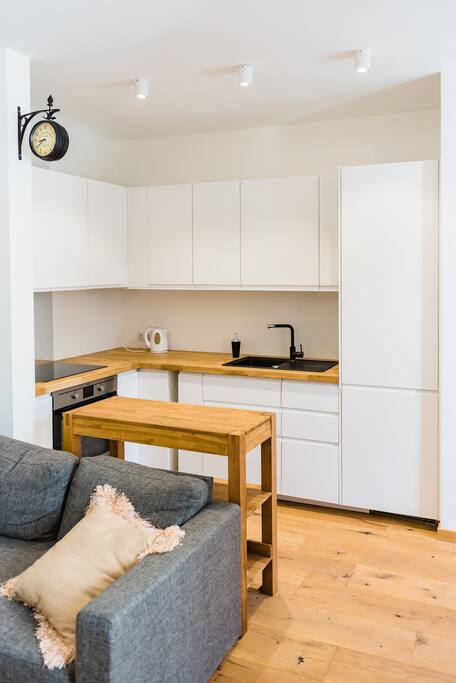 Studio living room with a sofa bed and the kitchen in the back.