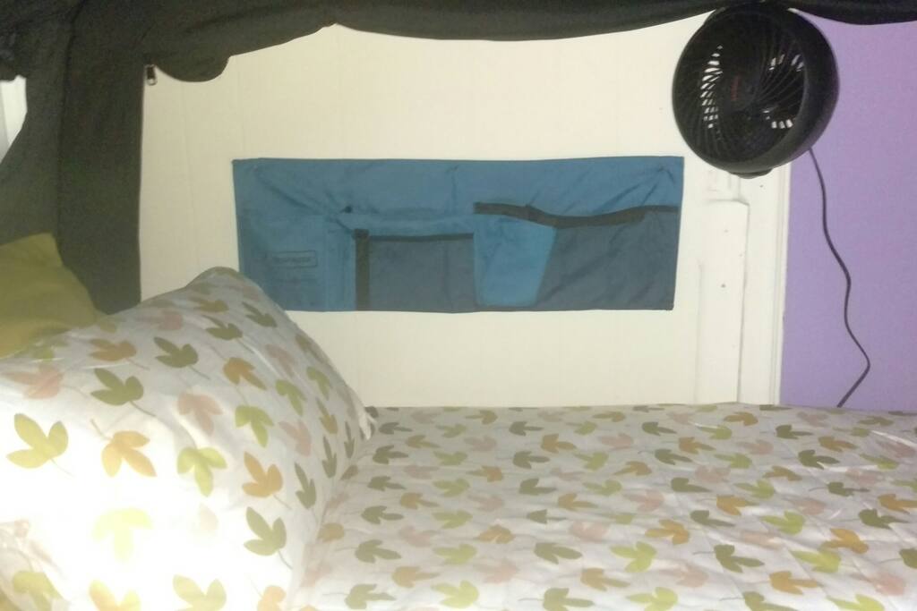 Equipped with area organizer, fan, power strip, and reading light.