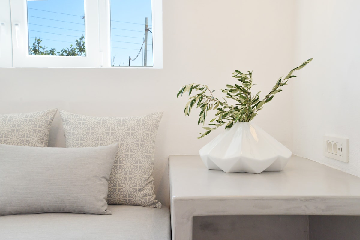 A light-colored sofa is adorned with patterned pillows, providing a comfortable seating area. A modern geometric vase sits on a minimalist table, featuring fresh greenery that adds a touch of nature. Natural light enters through a nearby window, enhancing the calm ambiance.