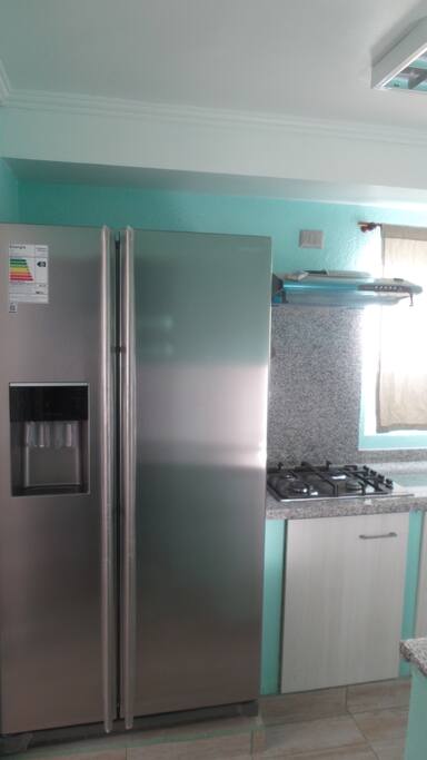 Excelente refrigerador con dispensador de agua y hielo (entero o molido).