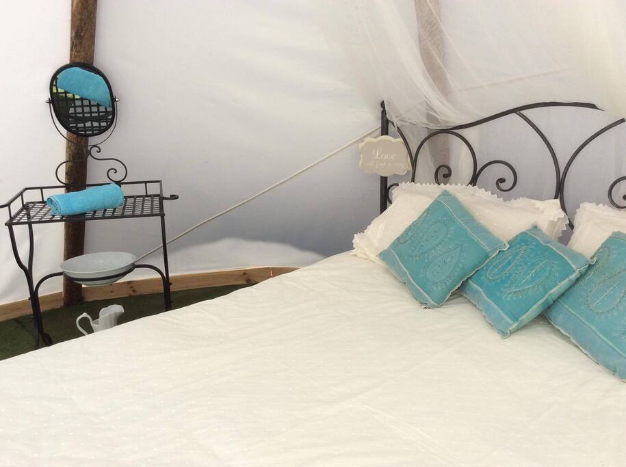 Inside the tipi, all comfy and clean.