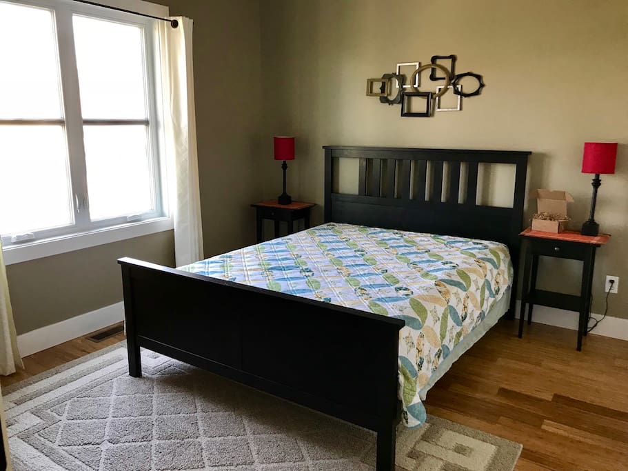 Comfortable queen bed. Room includes large dresser and closet.