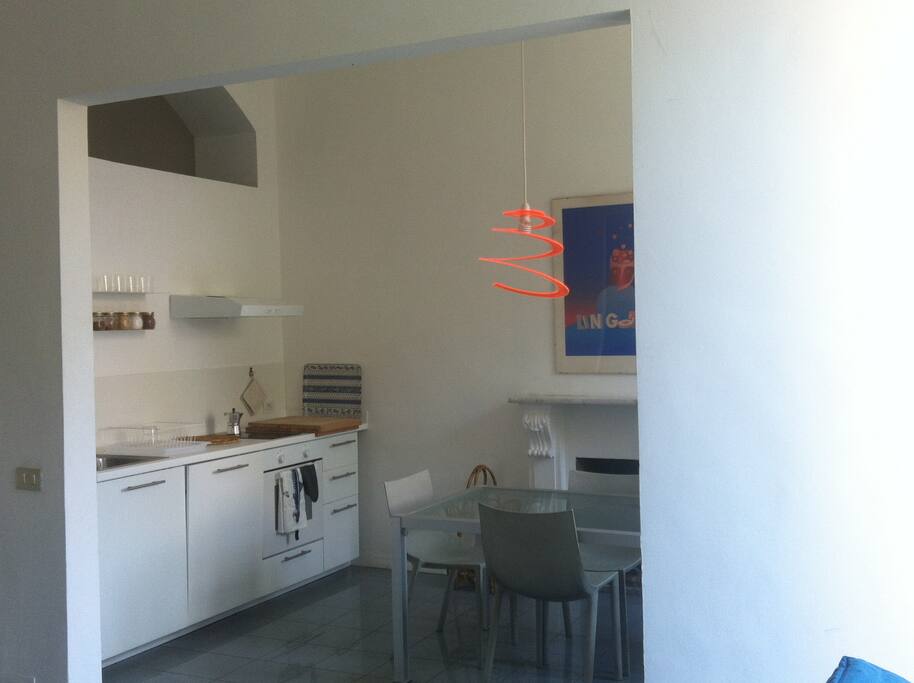 Fully stocked kitchen with induction stove.