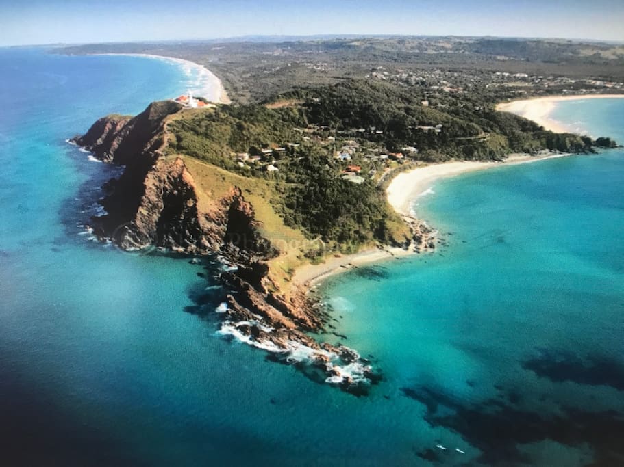Byron Peninsular (most eastern point of Aus) the beach in top left of image is Tallows Beach -6km long and half way along it, is the nearest beach entrance to the house (Suffolk Park Entrance).