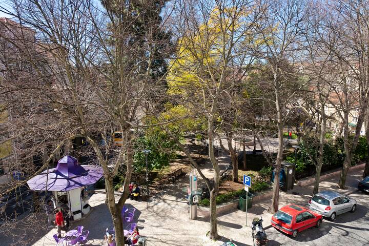 View to Praça das Flores (with café kiosk in front of the apartment)