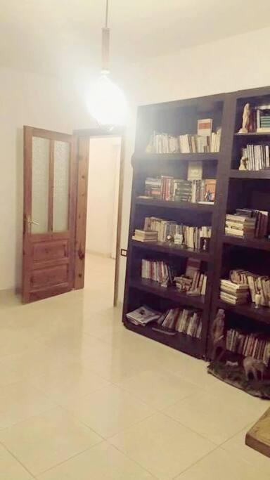 Spacy living room with old books in different languages.