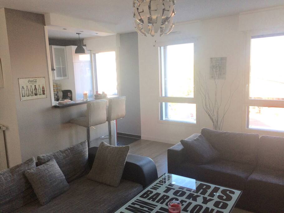Salon avec volet et store. Idéal pour dormir.
2 canapés convertibles dont un avec un vrai matelas pour un confort maximum.