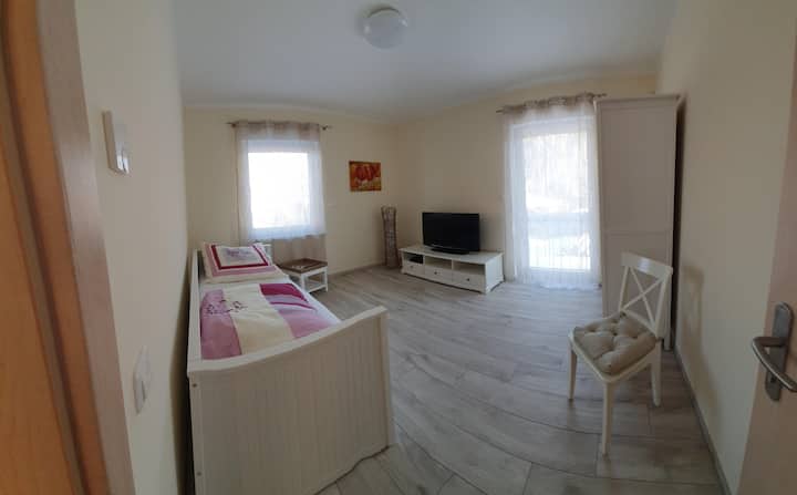 Dormitorio con cama matrimonial extraíble