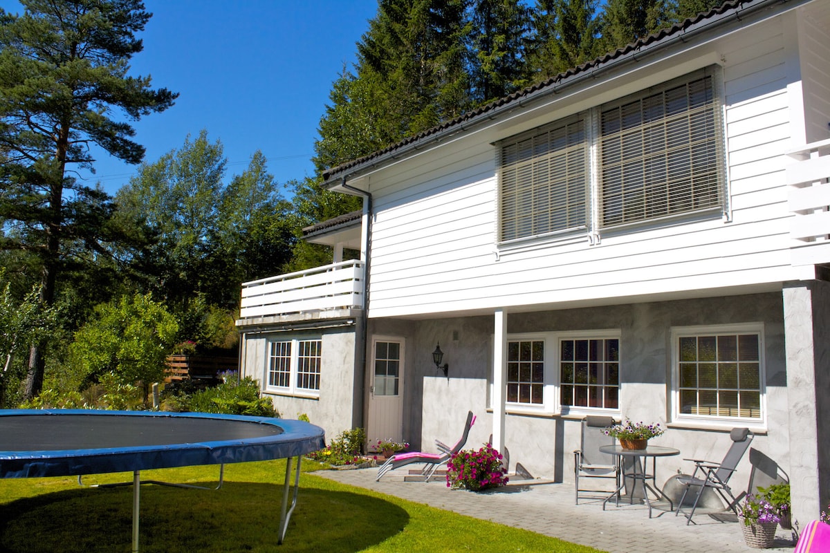A well-maintained home is shown, featuring a spacious outdoor area with a trampoline and a small seating arrangement. Lush greenery surrounds the property, and large windows provide ample natural light, enhancing the inviting exterior of the house.