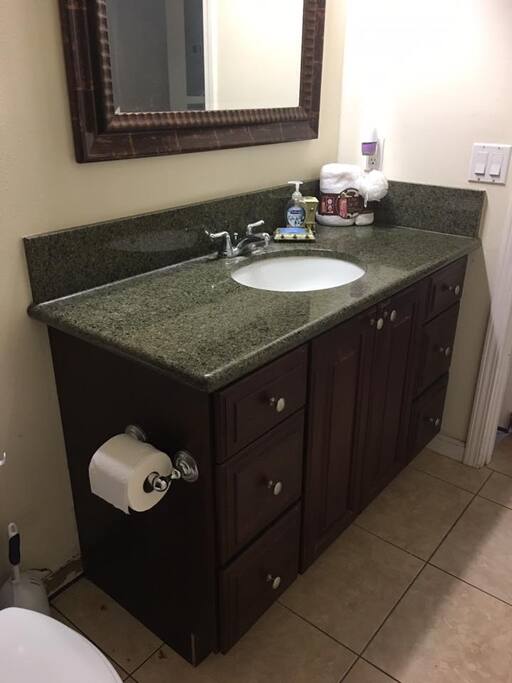 vanity with hair dryer, feminine products, q- tips, hand soap and more