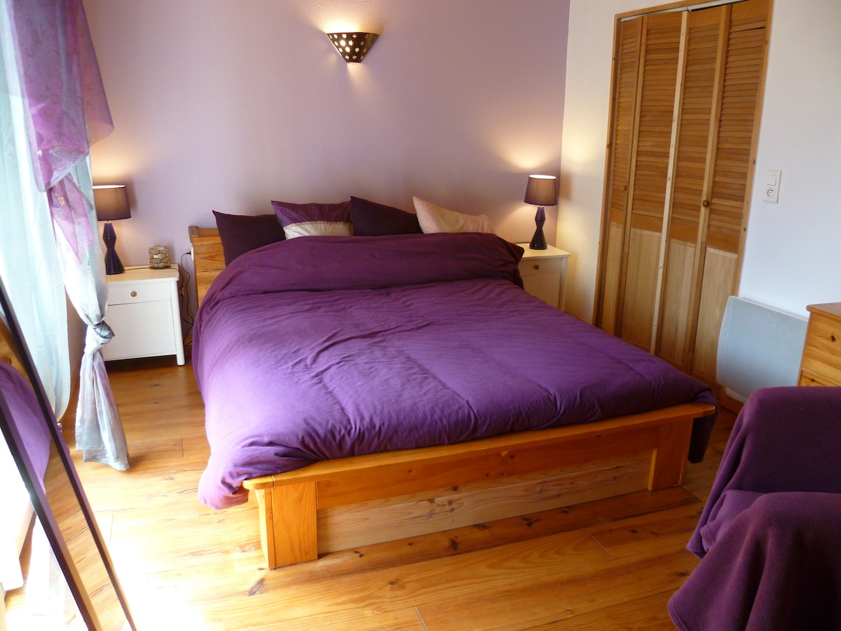 A calming bedroom features a spacious bed covered in a deep purple duvet. Nightstands with lamps flank either side of the bed, while gentle lighting enhances the warm wooden flooring. A closet is visible on the right, contributing to the room's organized feel.