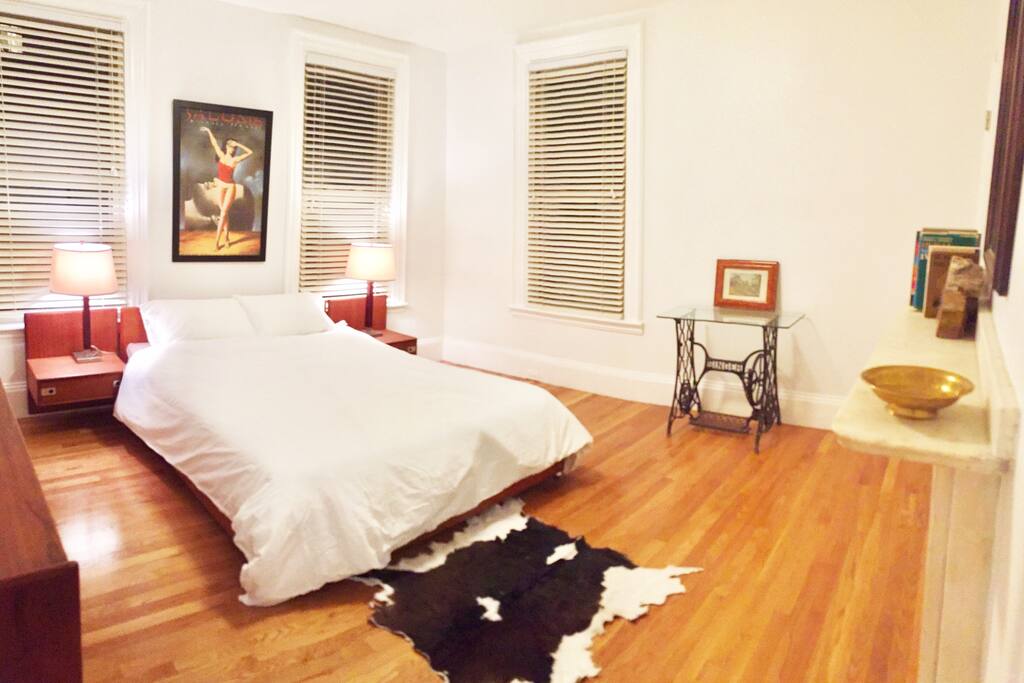 The master bedroom. Very large, with deep closet, queen bed, goatskin rug, and teak bureau and side tables. Enjoy the charming original marble fireplace.