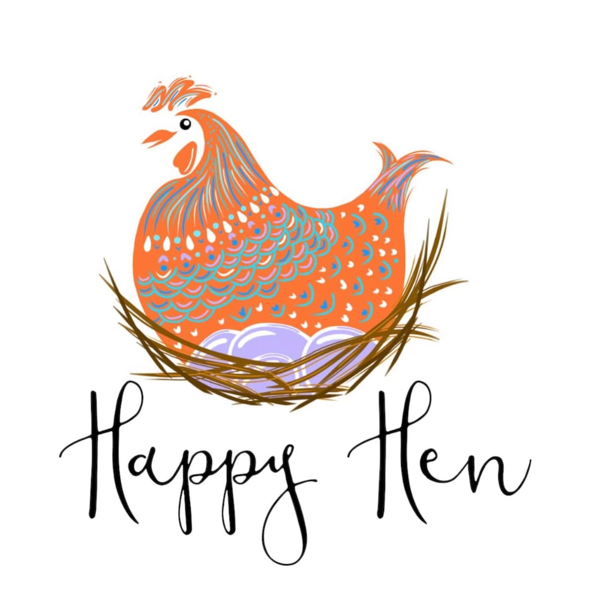 An illustration of a colorful chicken in an orange hue, perched on a nest surrounded by blue eggs. Below, the playful text 'Happy Hen' is written in a flowing script, complementing the charm of the artwork.