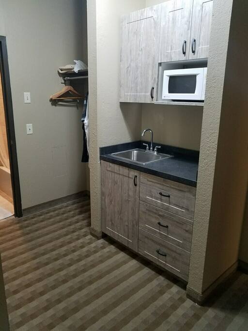 New small kitchenette with single induction burner, microwave, small refridgerator with freezer