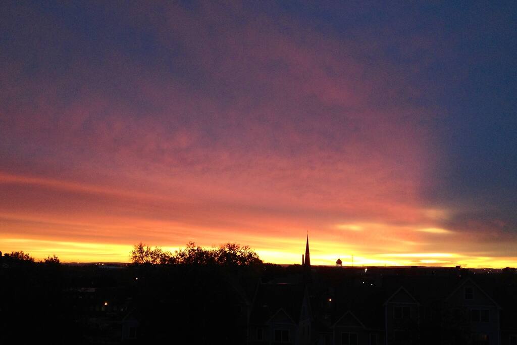 Amazing sunset from the back deck with a view of the Church of the Good Shepherd and the Colt Dome