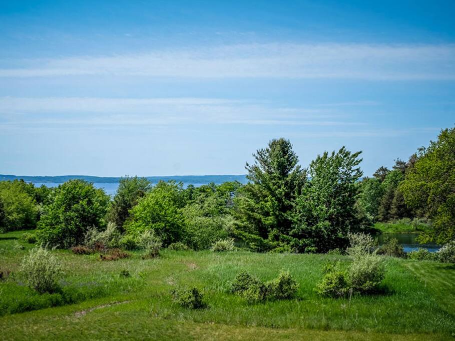 Views of Lake Michigan and pond from deck.