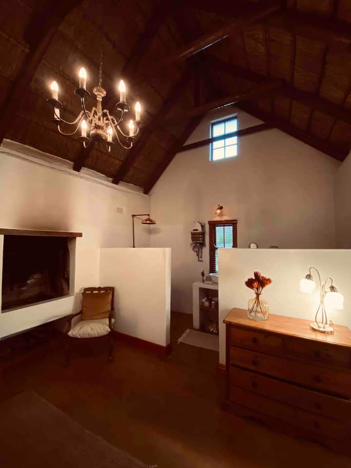 Ensuite bathroom in main house for each room with a fireplace in each room.