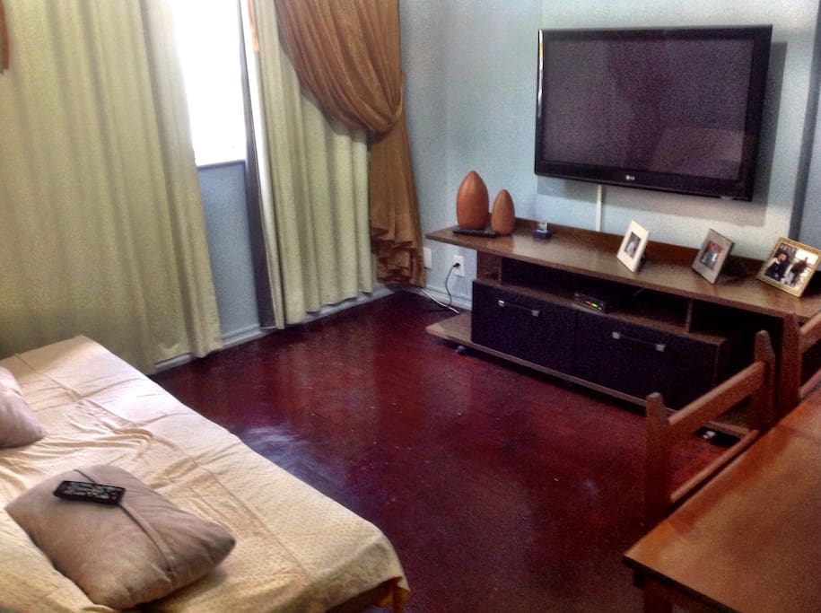 Living room with 42-inch TV with cable television , with table , ceiling fan and sofa bed!